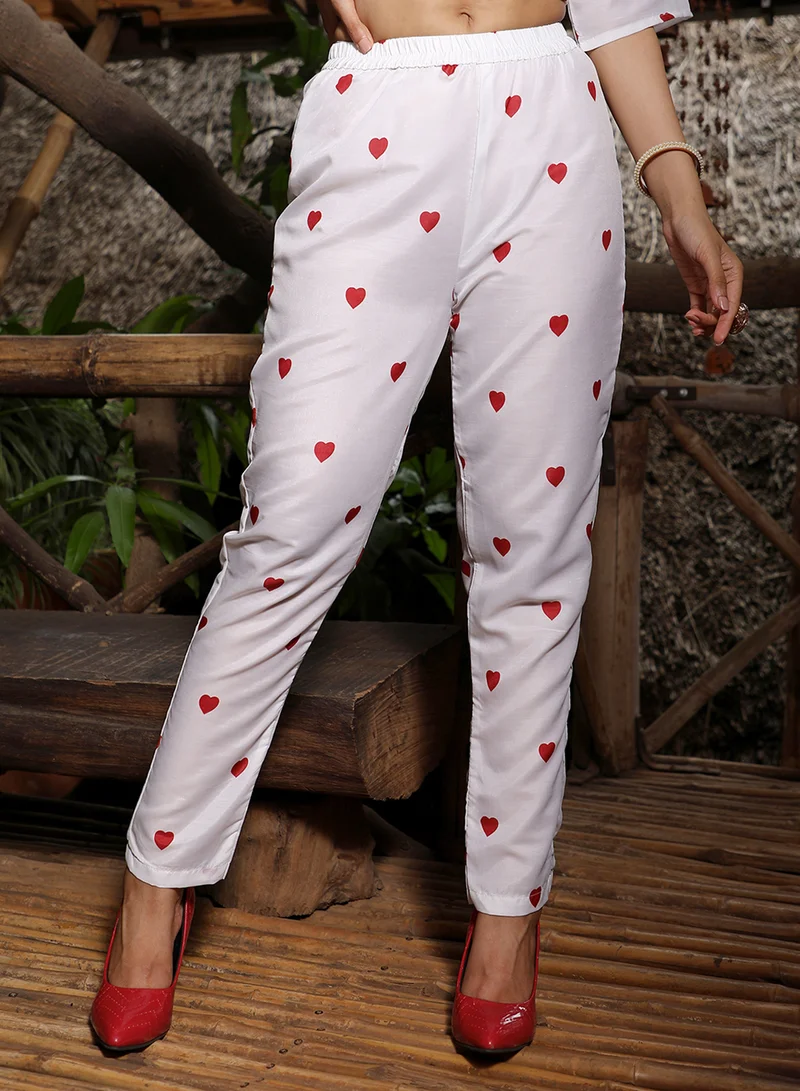 Qissa  Women's Powder White Hearts Kurta With Trousers And Dupatta For Casual Wear | Keyhole Neck | Short Sleeve | 3 Piece Kurta Set Designed With Comfort Fit For Everyday Ethnic Wear for Women | Best Price UAE
